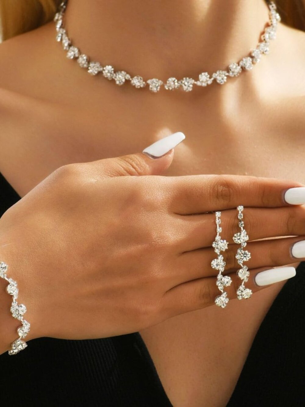 Bridal Wedding Jewelry Set Silver Rhinestones Choker Necklaces Earrings Bracelet - Picture 7 of 7